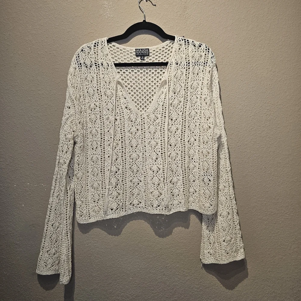Major Label Group Crochet Open Weave Cream Long Sleeve Top Size Medium